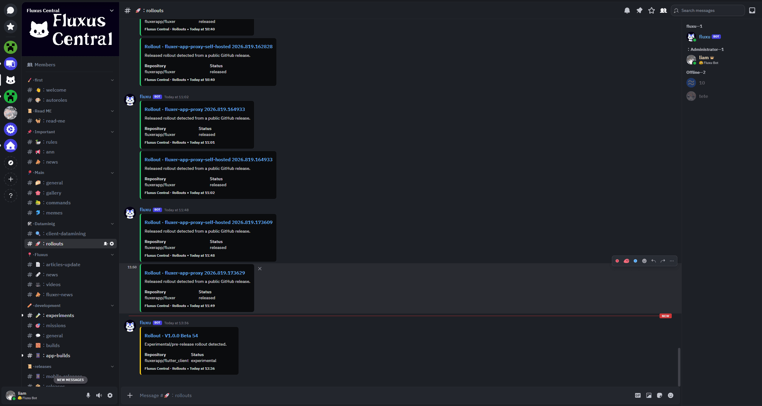 Fluxus Central server inside Fluxer, showing experiment channels, Fluxus Bot findings, server navigation, and member context